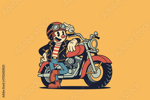 Retro Cartoon Character Biker with Motorcycle.