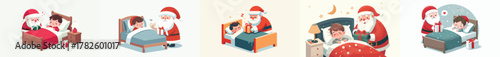 Santa Claus vector putting Christmas presents while little child is sleeping
