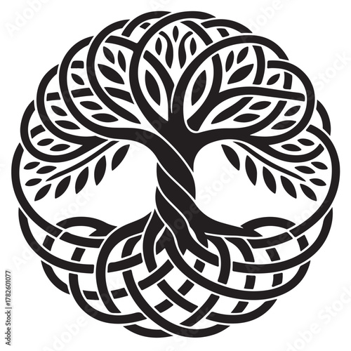 A black and white illustration of the tree of life, a symbol of interconnectedness and growth, isolated on white background