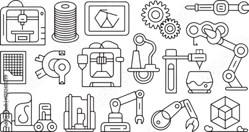 3D printing and robotics industry icons Keywords: 3D printer, 3D printing, robot arm