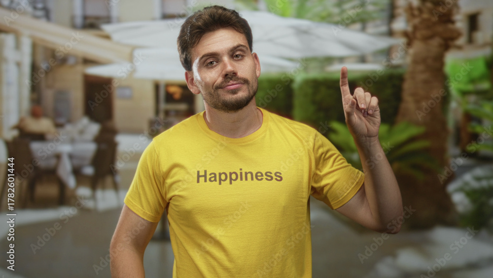 Fototapeta premium Man smiling and giving thumbs up on restaurant terrace wearing a yellow tshirt with the word happiness visible; optimism hope.