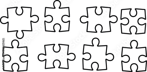 Eight white puzzle pieces arranged in two rows on a white background