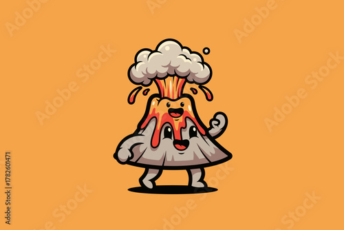 Cute Cartoon Volcano Erupting with Happy Face and Lava Flow.