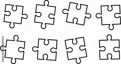 Eight white puzzle pieces scattered and isolated on white background