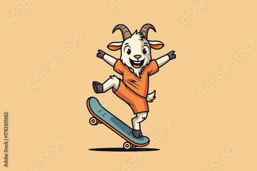Happy Goat Skater Cartoon Illustration.