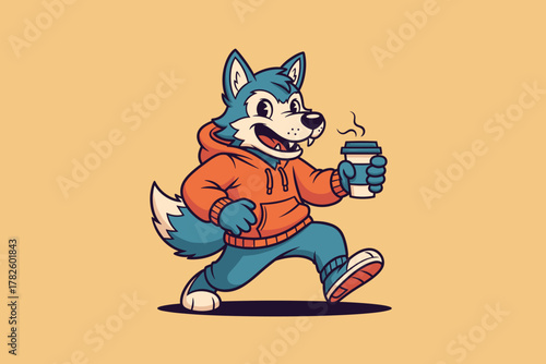 Happy Blue Wolf Character in Orange Hoodie Holding Coffee Cup.