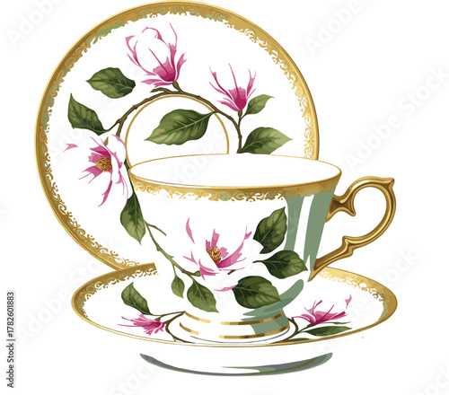 PrintElegant Vintage Tea Cup, Saucer, and Plate Set with Gold Trim and Floral Design Vector Illustration