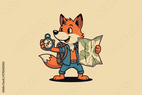 Cartoon fox adventurer with backpack holding compass and map.