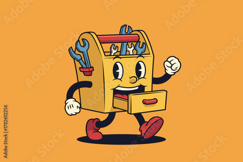 Retro Cartoon Toolbox Character Walking with Tools and Open Draw