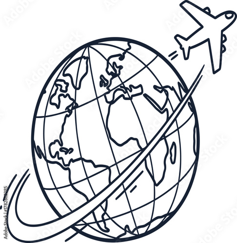 PrintGlobe Earth with Flying Airplane Line Art Vector Illustration - Global Travel and Aviation Logo