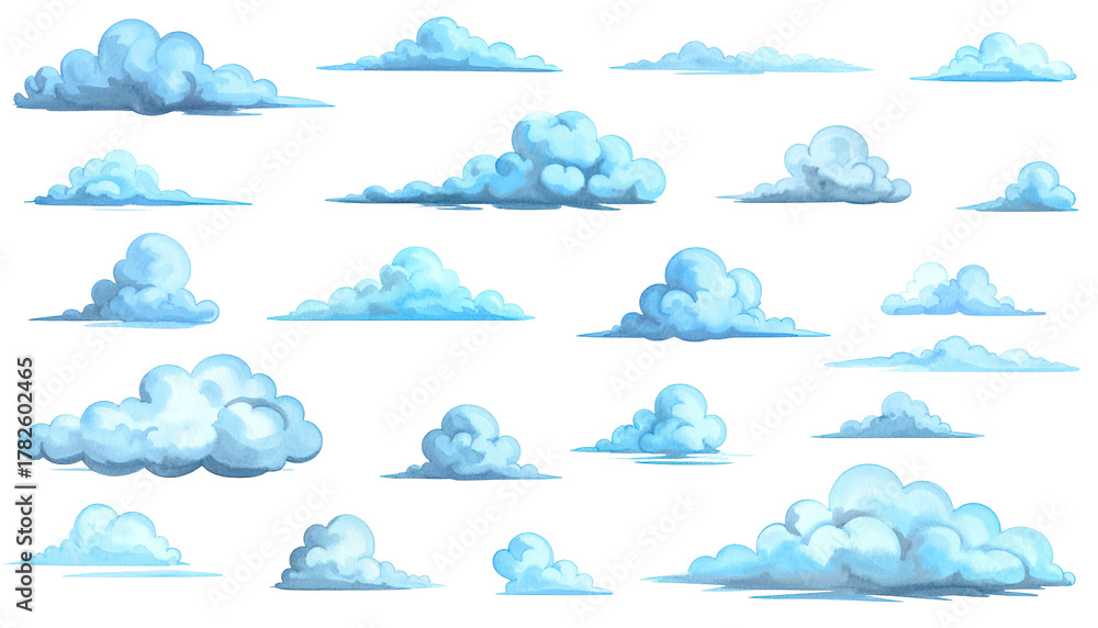 Fototapeta premium Pixelated, stylized illustrations of fluffy, white and blue cumulus clouds against black backdrop