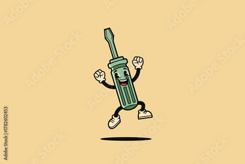 Happy Screwdriver Cartoon Character Jumping with Joyful Expressi