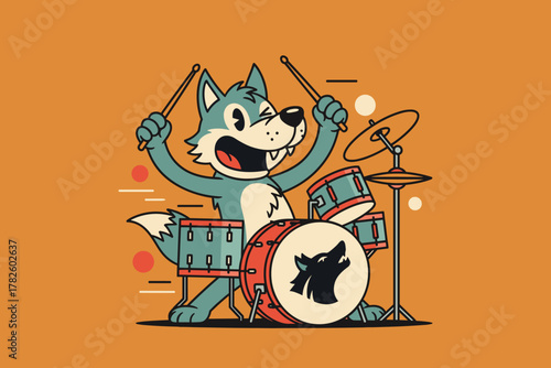 Cartoon Wolf Drummer Playing Music with Enthusiasm.