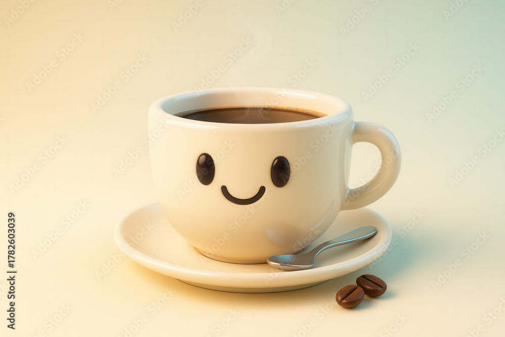 Obraz premium Kawaii Smiling Coffee Cup With Steam on Pastel Background