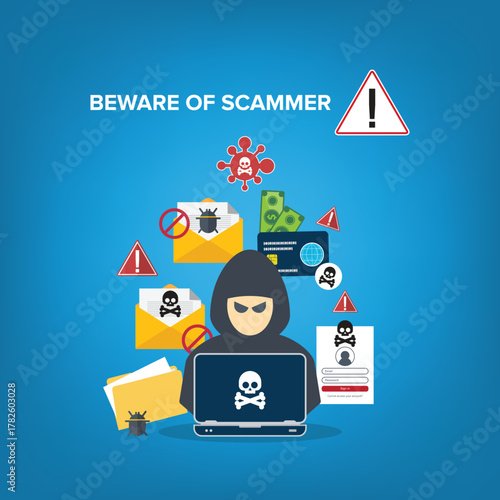 hacker in front of his computer committing digital cybercrime	