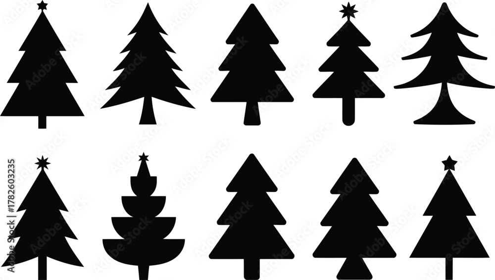 Obraz premium Collection of festive christmas tree silhouettes on white background