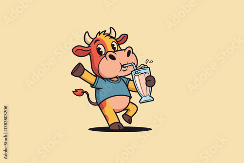 Cute Cartoon Cow Enjoying a Refreshing Strawberry Milkshake.