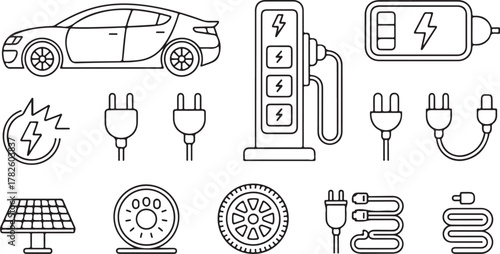 Electric car charging and power icons Keywords: electric car, EV, charging station, battery