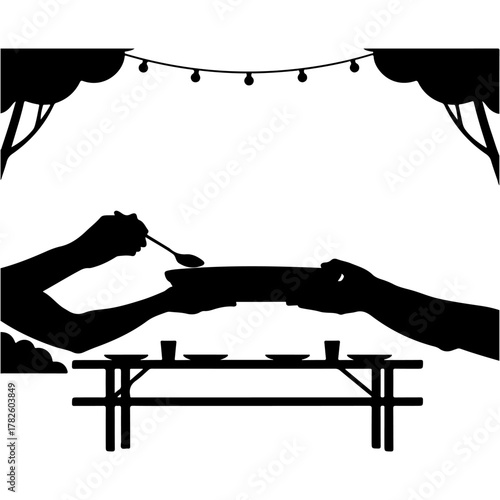 Share a meal at picnic table with string lights, outdoor dining, friends, family feast, silhouette
