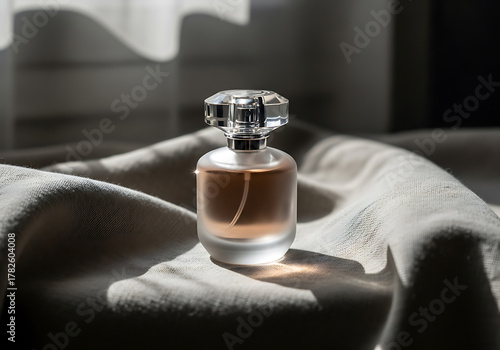 Elegant Perfume Bottle on Draped Linen Fabric