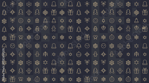Luxury Seamless Holiday Pattern Featuring Gold Linear Christmas Icons on Deep Navy Blue Background Design