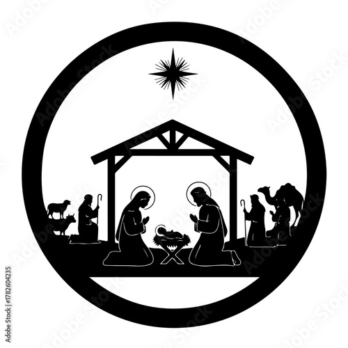 Elegant nativity scene silhouette celebrating the birth of Jesus Christ in Bethlehem graphic