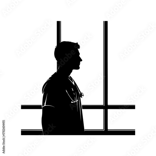 Serene doctor silhouette stands by window contemplating patient care in modern hospital setting