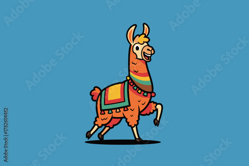 Cute and Colorful Llama Illustration with Traditional Blanket.