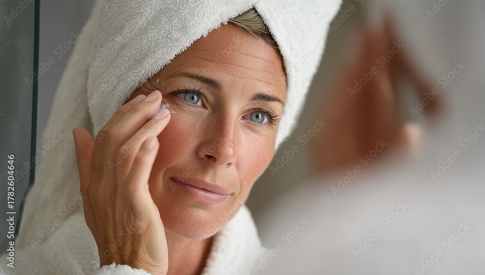 Obraz premium Woman Applying Skincare Cream in Bathrobe