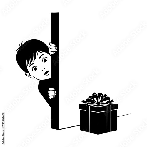 Curious boy peeking around corner at a wrapped gift full of surprises and holiday cheer for kids