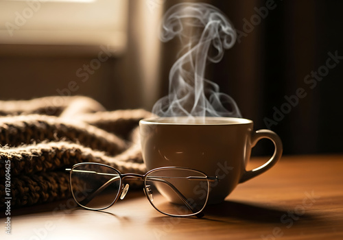 Eyeglasses and Steaming Coffee Cup on Wooden Table