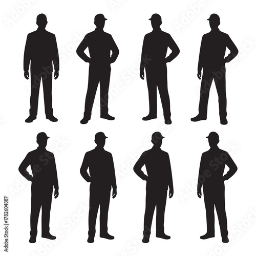 Set of eight silhouette construction worker in various poses isolated on white background for design needs
