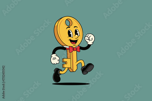 Happy Golden Key Mascot Character Running with Bow Tie.