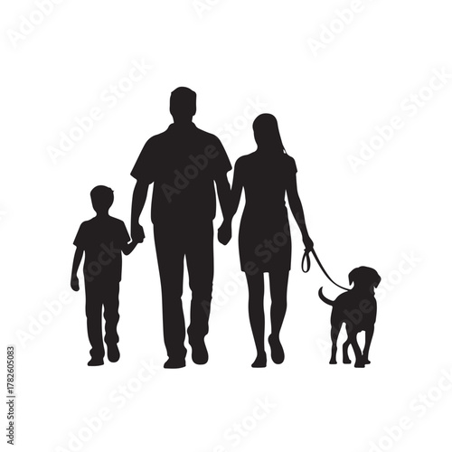 Silhouette of a family walking their dog isolated on white background, depicting a scene of love, unity, and togetherness