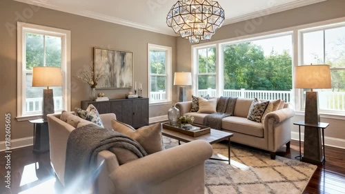 Modern living room overhaul with new light fixtures rich hardwood floors and fresh paint creating a welcoming and elegant environment.