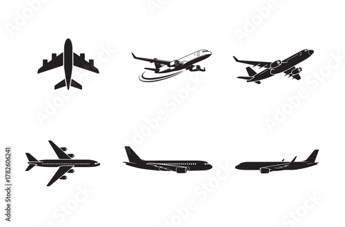 Airplane Bundle Silhouette Vector Icon. Flight, Aviation, Travel, Editable EPS & AI.