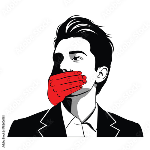Man in business attire silenced by a large red hand covering his mouth, symbolizing censorship or freedom of speech issues.