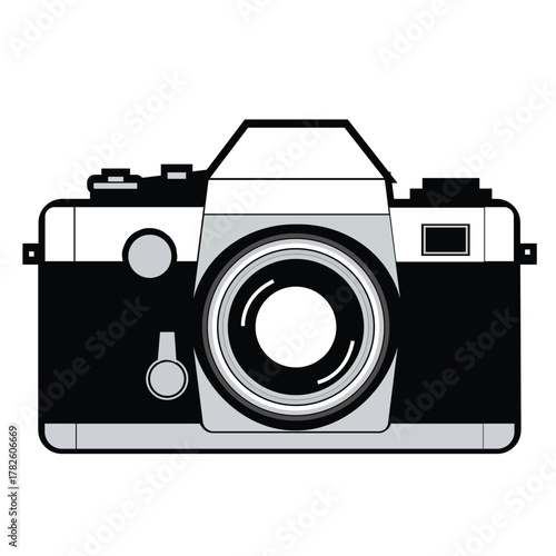 Front view illustration of a classic retro single-lens reflex (SLR) film camera with a large lens.