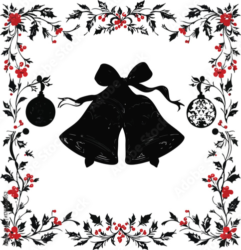 Black Christmas bells with holly border, berries, and ornaments festive vector illustration