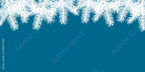 Elegant vector greeting card Flat design featuring blue background and white pine branches border. Perfect for holiday cards, invitations, or adding custom text and festive graphics. Copy space.