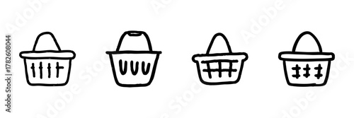 Shopping Basket Line Icon Set In Doodle Style. Retail, E-Commerce, And Grocery Shopping Outline Sketch Collection. Hand Drawn Isolated Vector Illustration