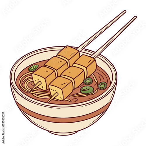 Korean Odeng skewers in bowl with brown soup and garnish vector