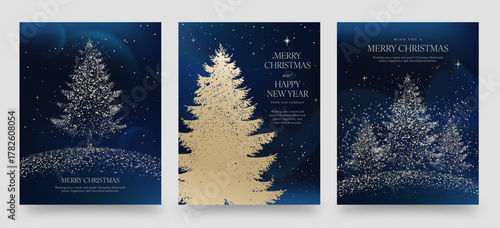 Christmas Greeting Card Poster Flyer Set with Blue Background and Elegant Gold Christmas Tree Illustrations