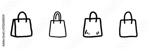 Shopping Bag Line Icon Set In Doodle Style. Retail, E-Commerce, And Consumer Goods Outline Sketch Collection. Hand Drawn Isolated Vector Illustration