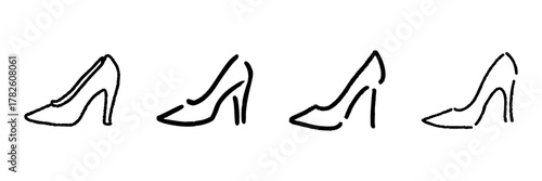 High Heel Shoes Line Icon Set In Doodle Style. Fashion Footwear, Style, And Elegance Outline Sketch Collection. Hand Drawn Isolated Vector Illustration