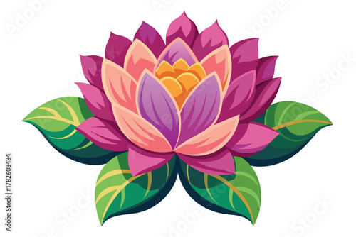 Vibrant Lotus Flower Illustration in Pink Purple and Green Colors
