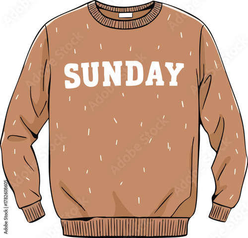 Brown sweatshirt with white “SUNDAY” text and scattered line pattern vector illustration
