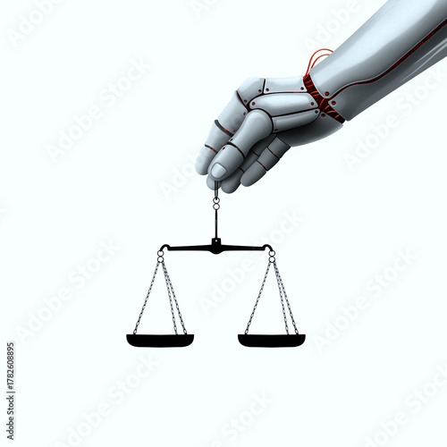 Creative art collage depicting a robot hand holding the scales of justice. Concept of artificial intelligence in the legal and judicial system. Symbol of fairness and technology.