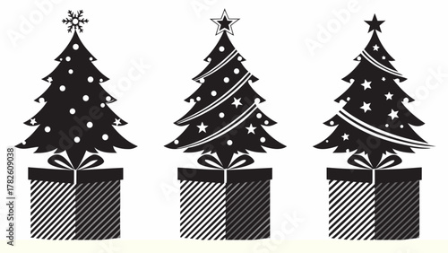 Festive holiday cheer with graphic Christmas trees and gifts for greeting cards and party invitations