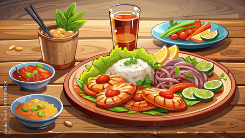 Very beautiful close-up of a savory meal with grilled shrimp served over rice, accompanied by fresh salad and a cold drink on a wooden table, featuring warm natural light, rich textures, and a realist